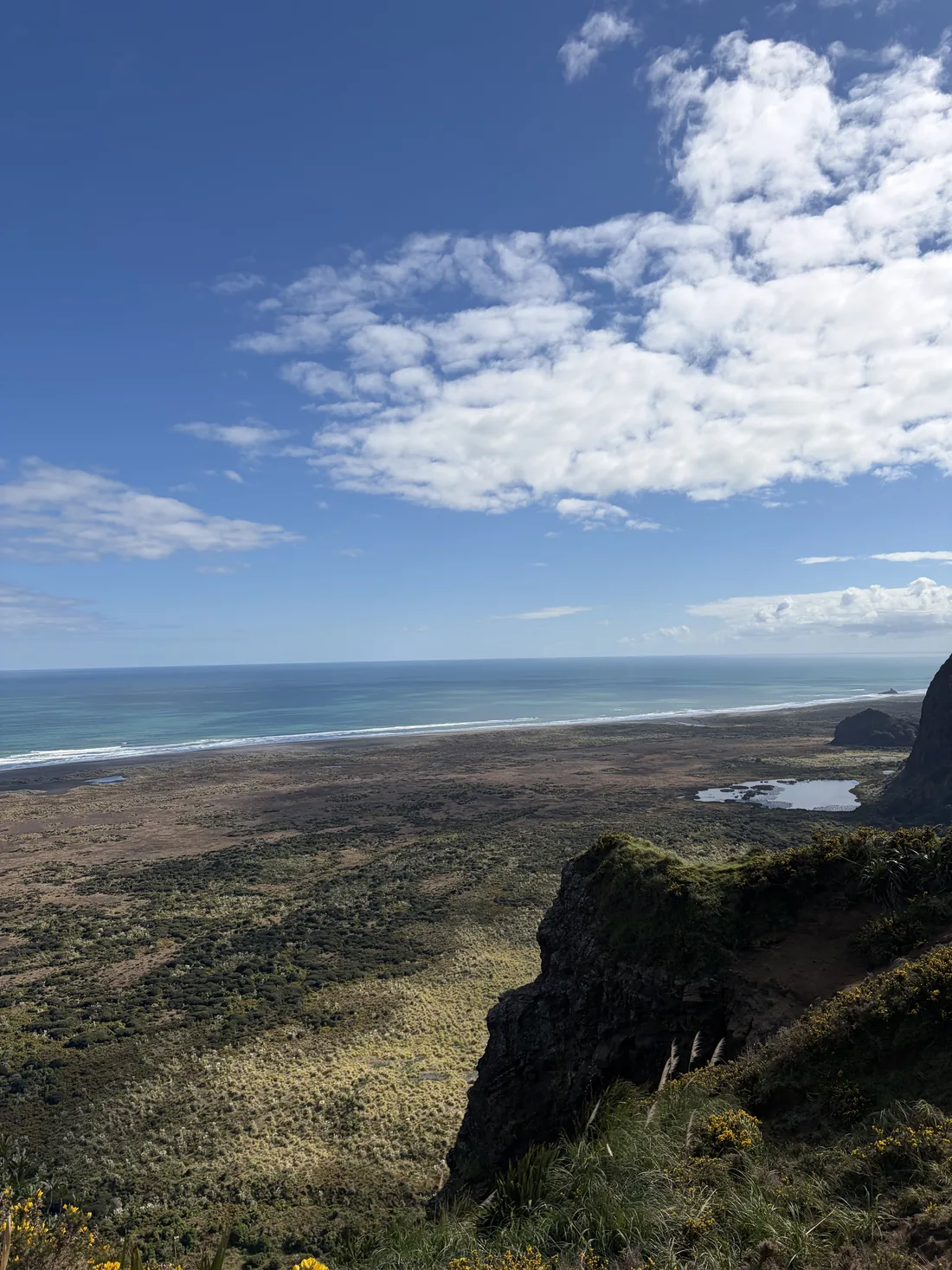 A coastal cliff view over a black-sand beach