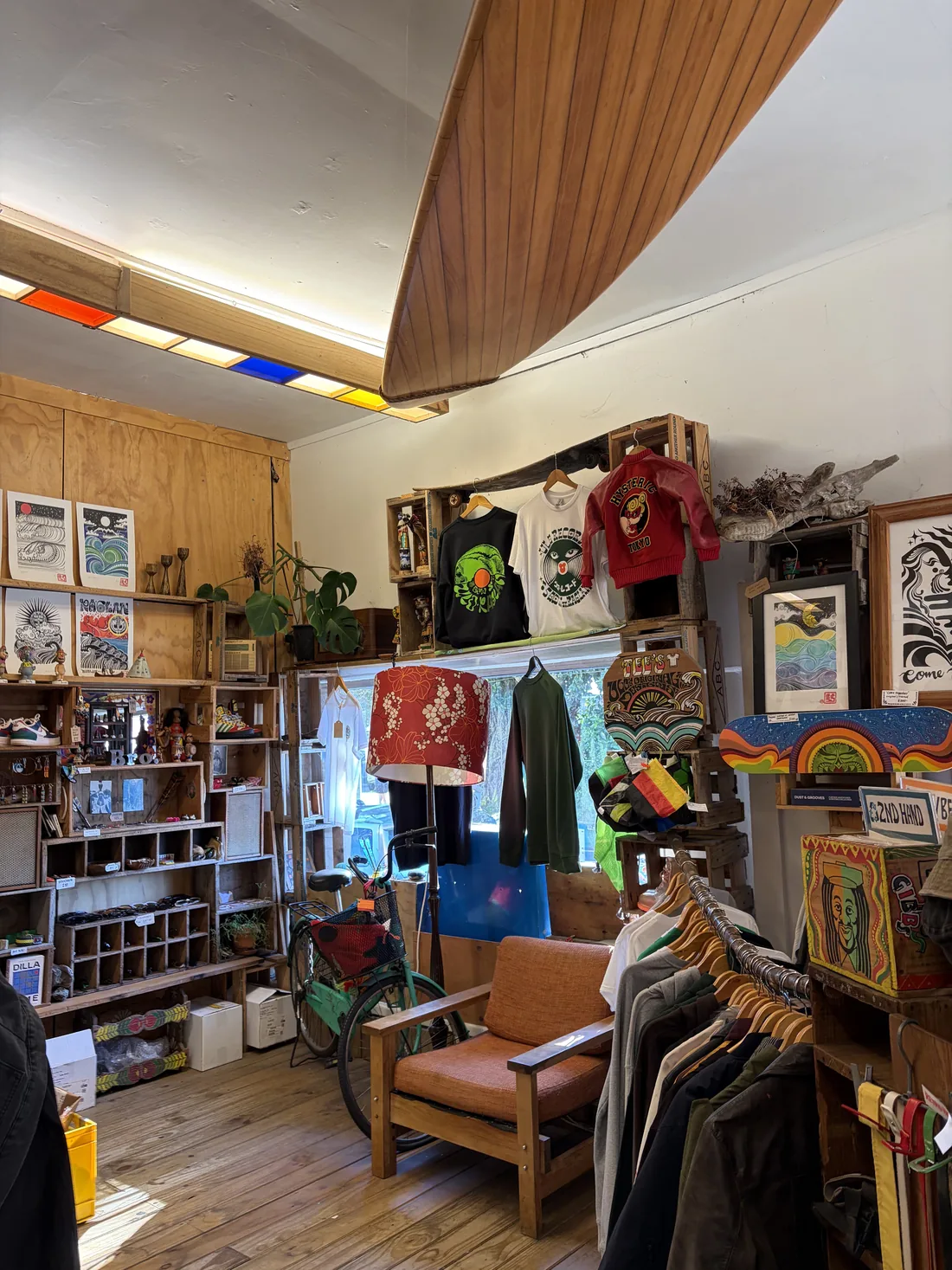 Inside a colourful vintage record and clothing store