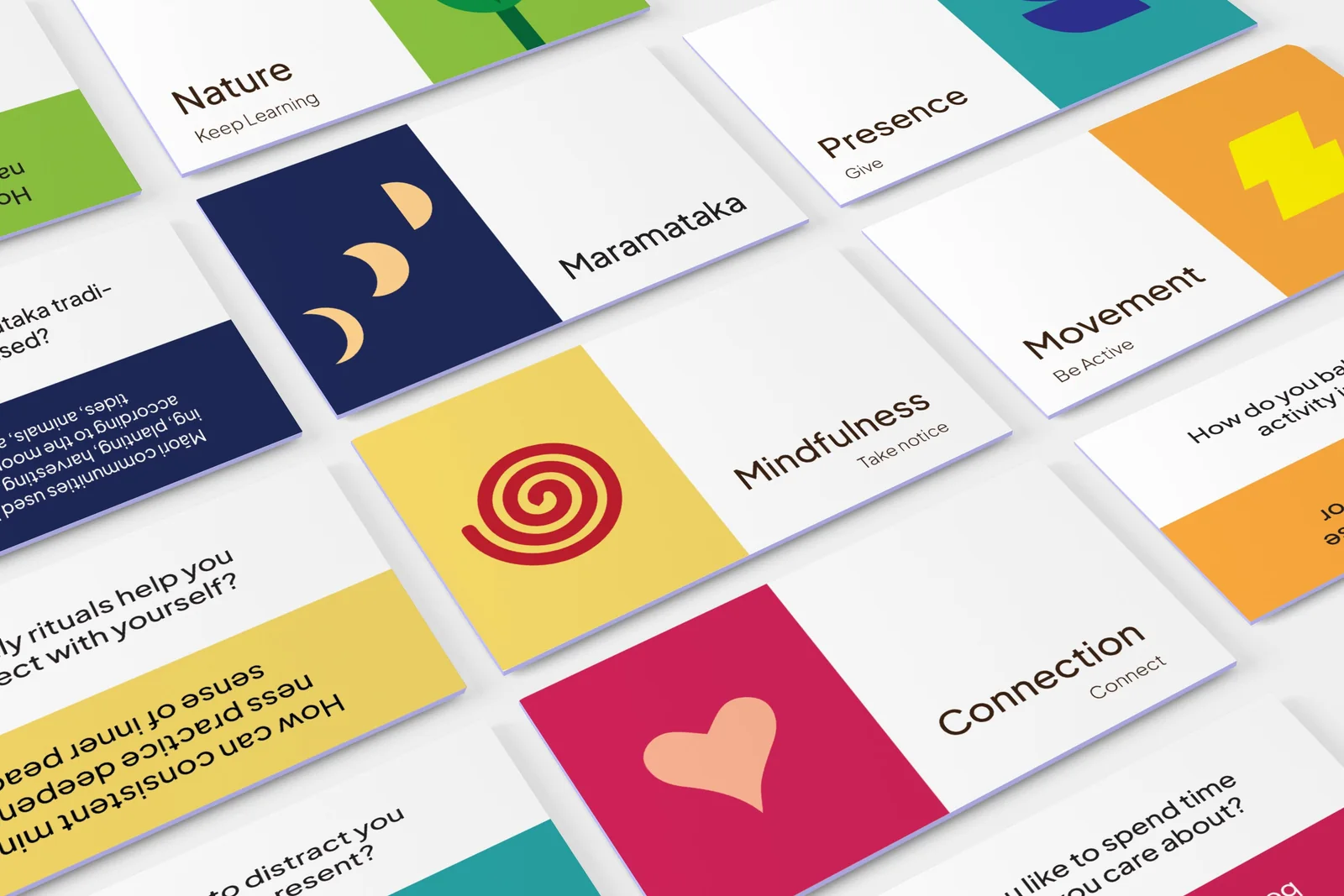 The Bud reflection card deck laid out in a grid — theme cards like Nature, Maramataka, Mindfulness and Connection alongside their reflection prompts