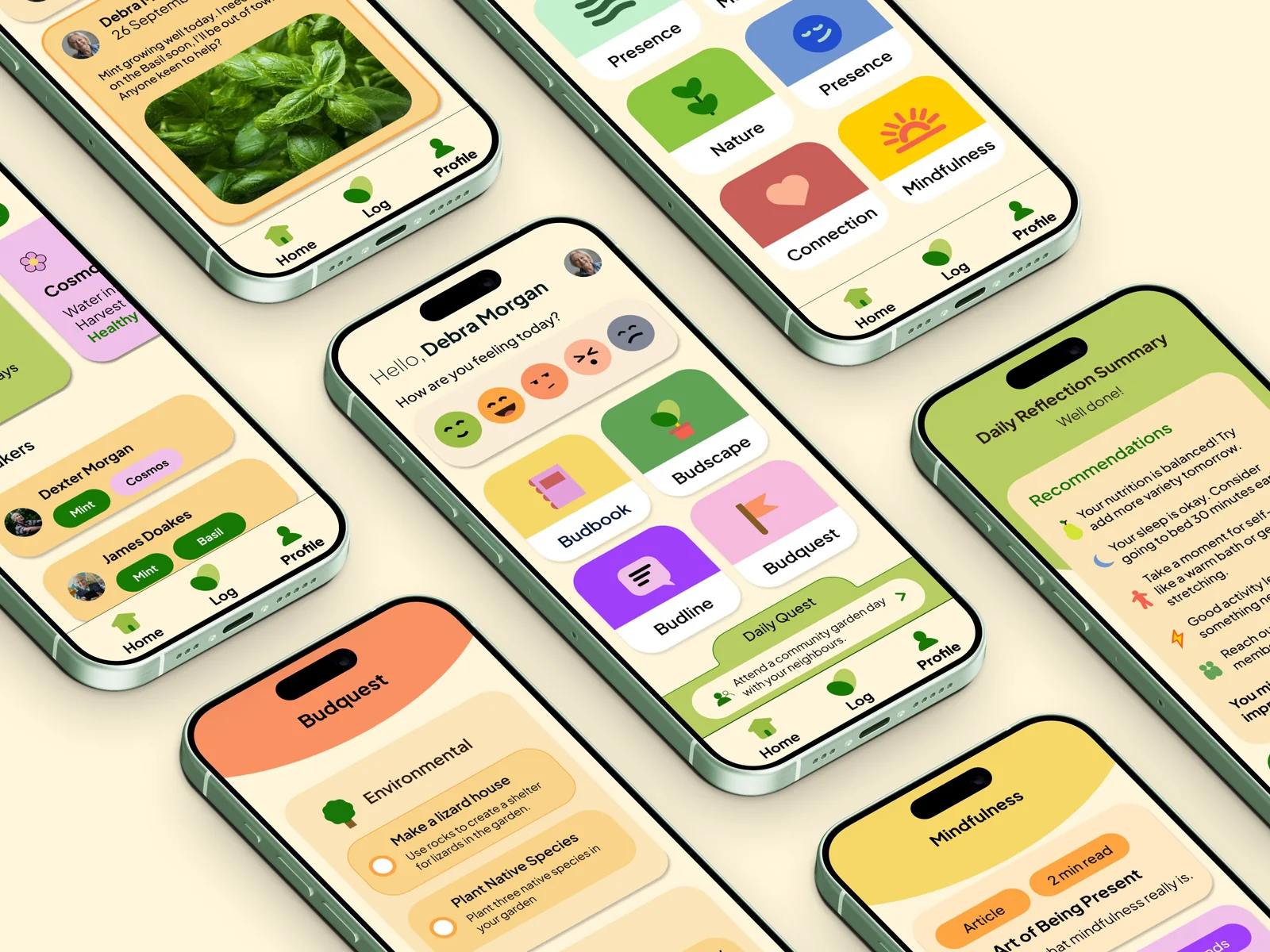 An isometric spread of Bud app screens — home, Budbook, Budquest, Budline, Budscape and the daily reflection summary — in green iPhones