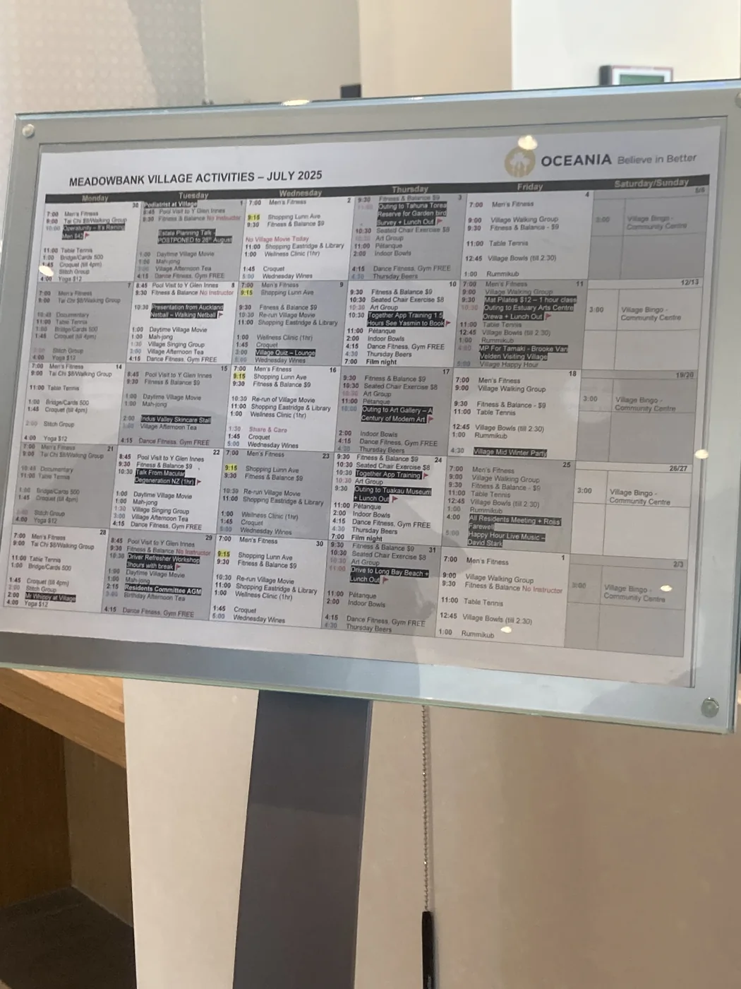 The Meadowbank village activities calendar noticeboard for July 2025