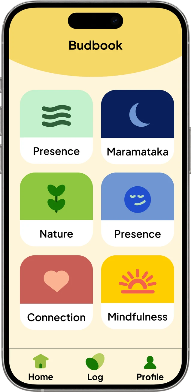 Budbook learning screen with themed tiles