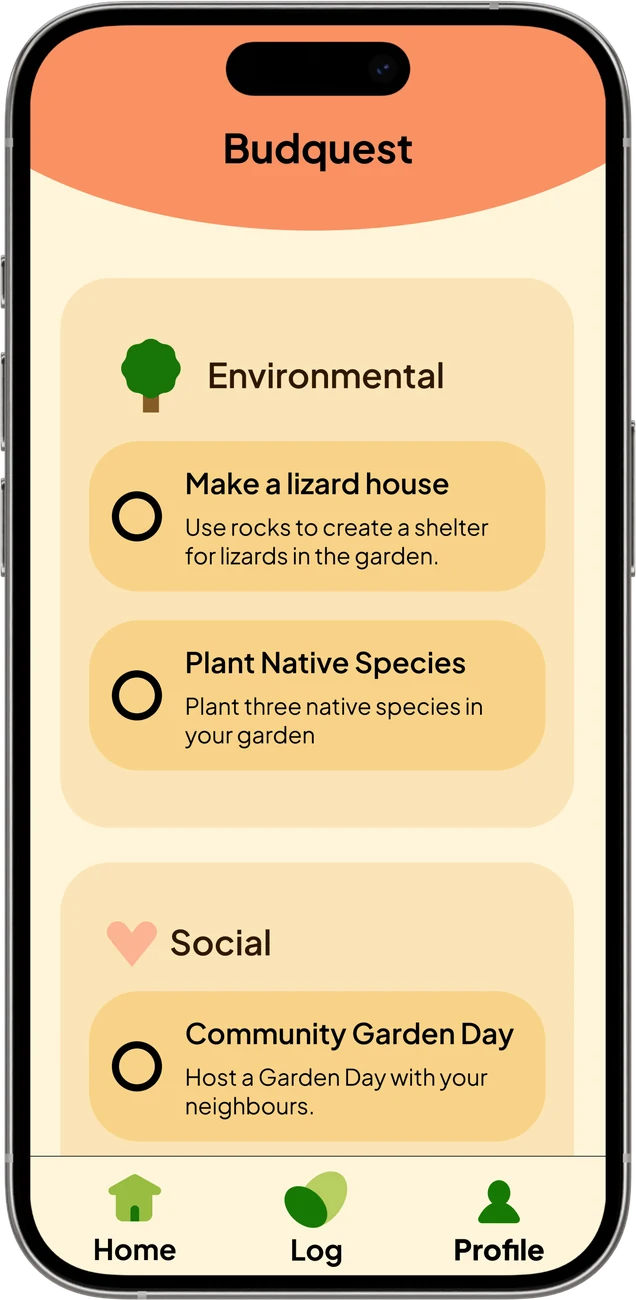 Budquest screen with environmental and social micro-quests
