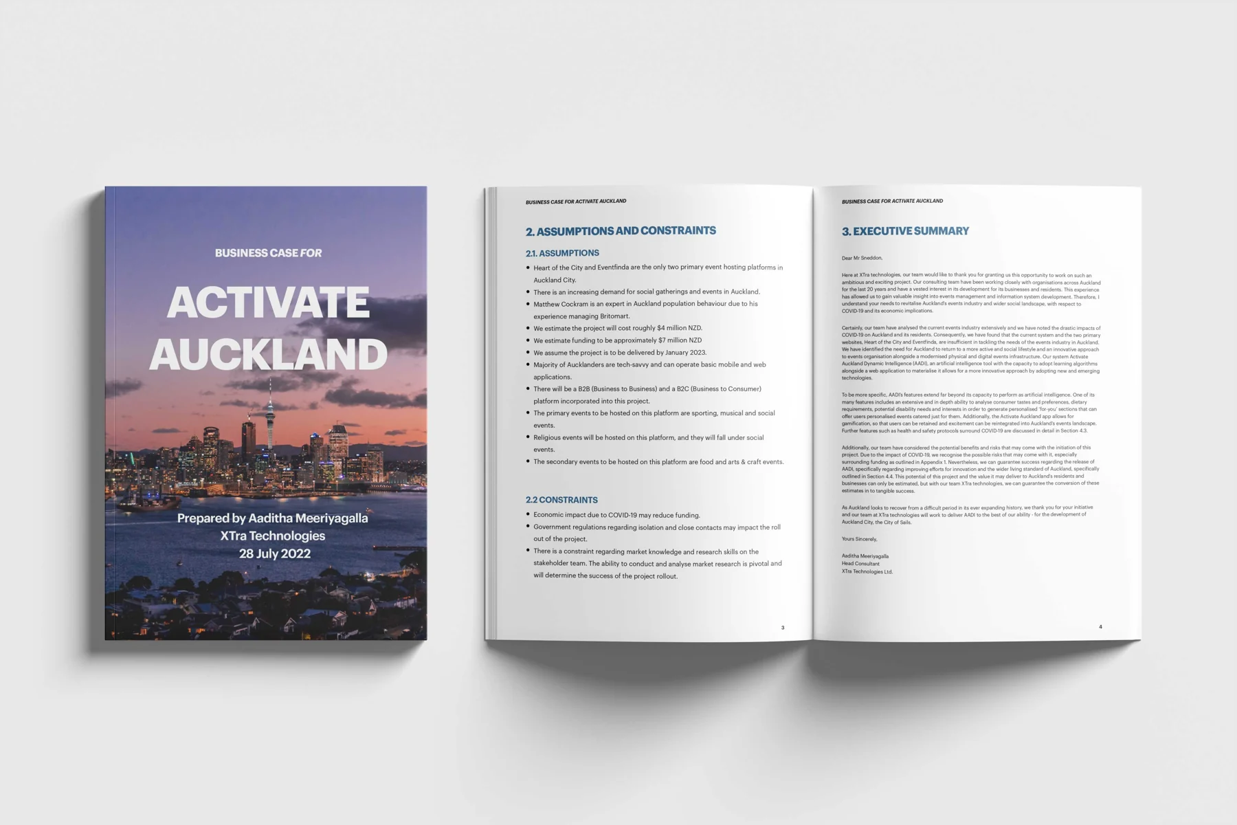 The printed business case, opened to a two-page spread on a light surface
