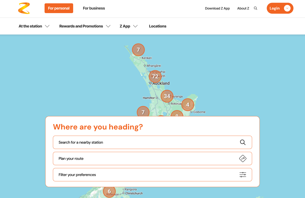 The redesigned Z Energy station locator — final hi-fi entry page
