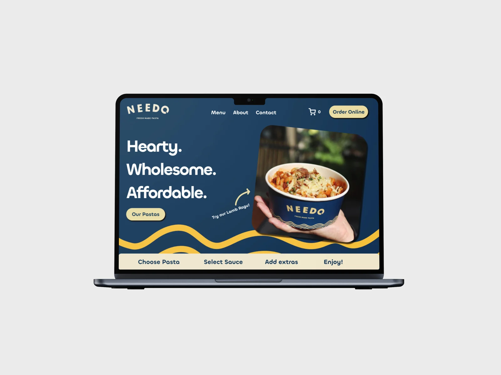 Landing page design for Needo — a food brand, on a laptop