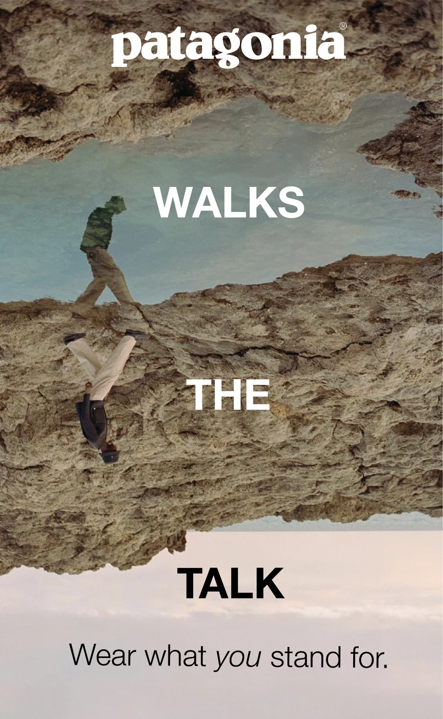 The finished Patagonia advertisement — an inverted cliff and sky with a lone hiker, WALKS THE TALK set vertically, and the closing line ‘Wear what you stand for.’
