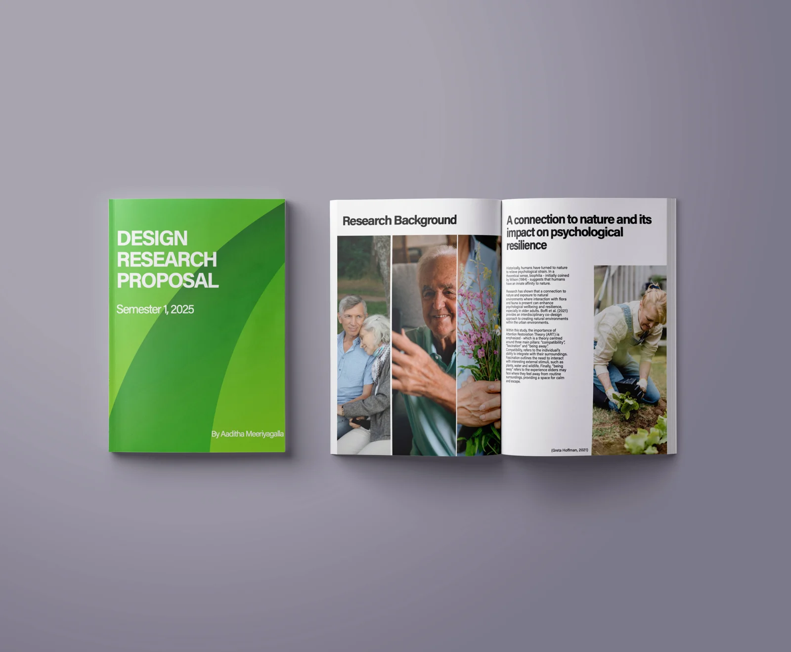 The printed proposal — a green gradient cover reading Design Research Proposal, and an open spread on Research Background