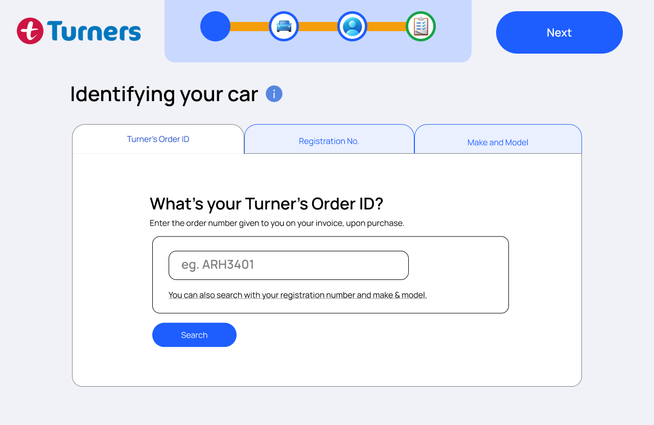 Step 1 — identifying your car, with a Turner's Order ID, registration, or make & model