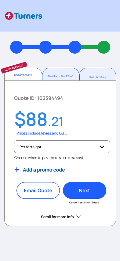 Mobile quote screen with cover tiers and fortnightly pricing