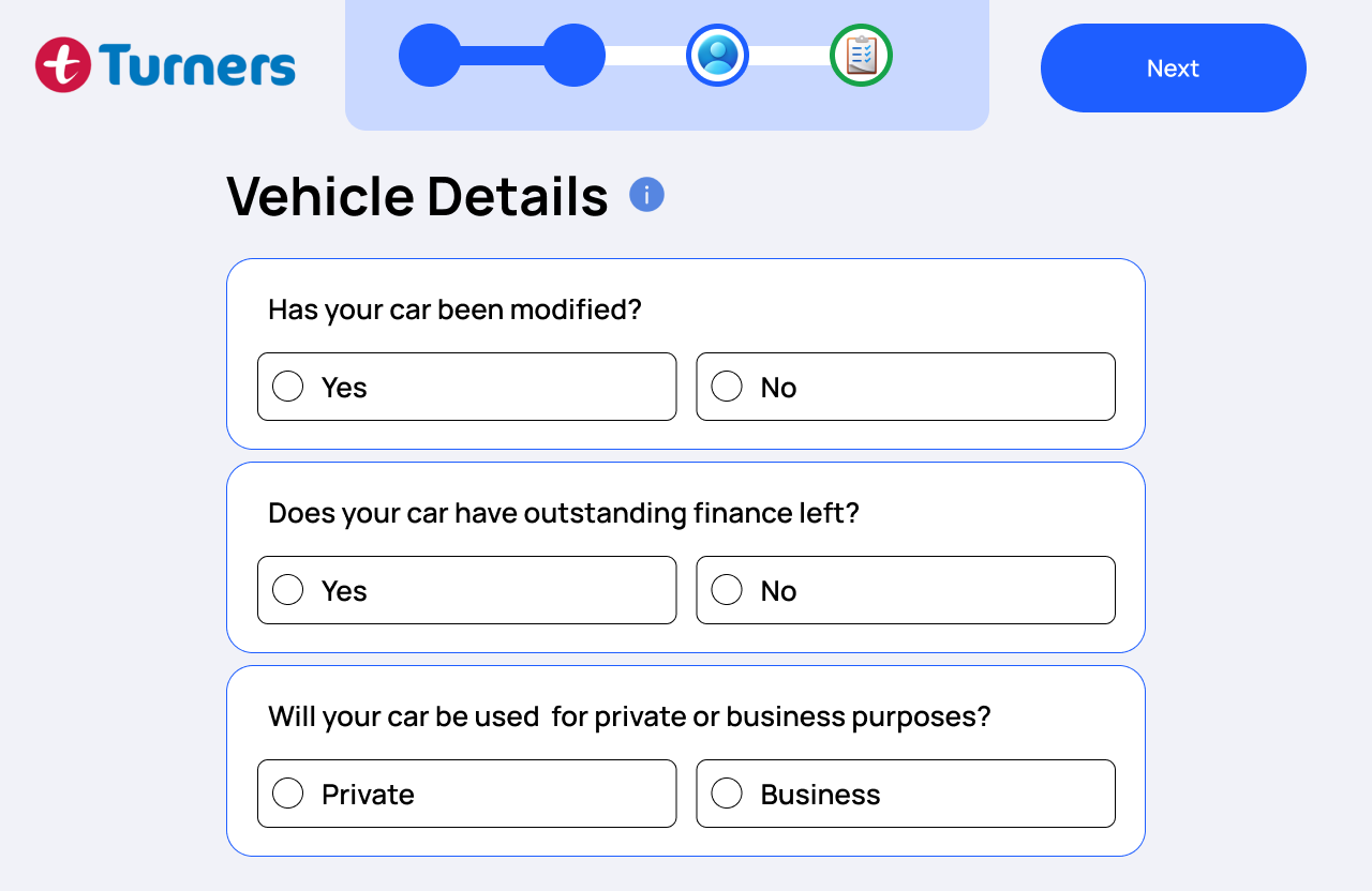 Step 2 — vehicle details: modifications, finance, and private or business use